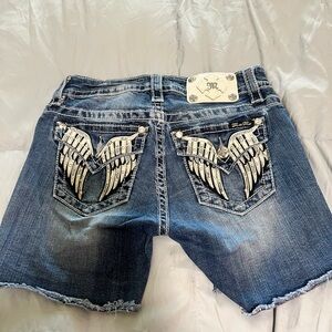 Miss Me Blue Jean Shorts with Silver Wing Design mid rise